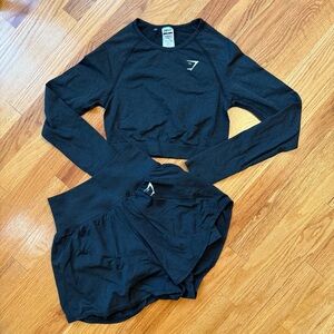 GYMSHARK Vital Black Marl Long Sleeve (M) & Seamless 2.0 2-in-1 Shorts (S/M) SET